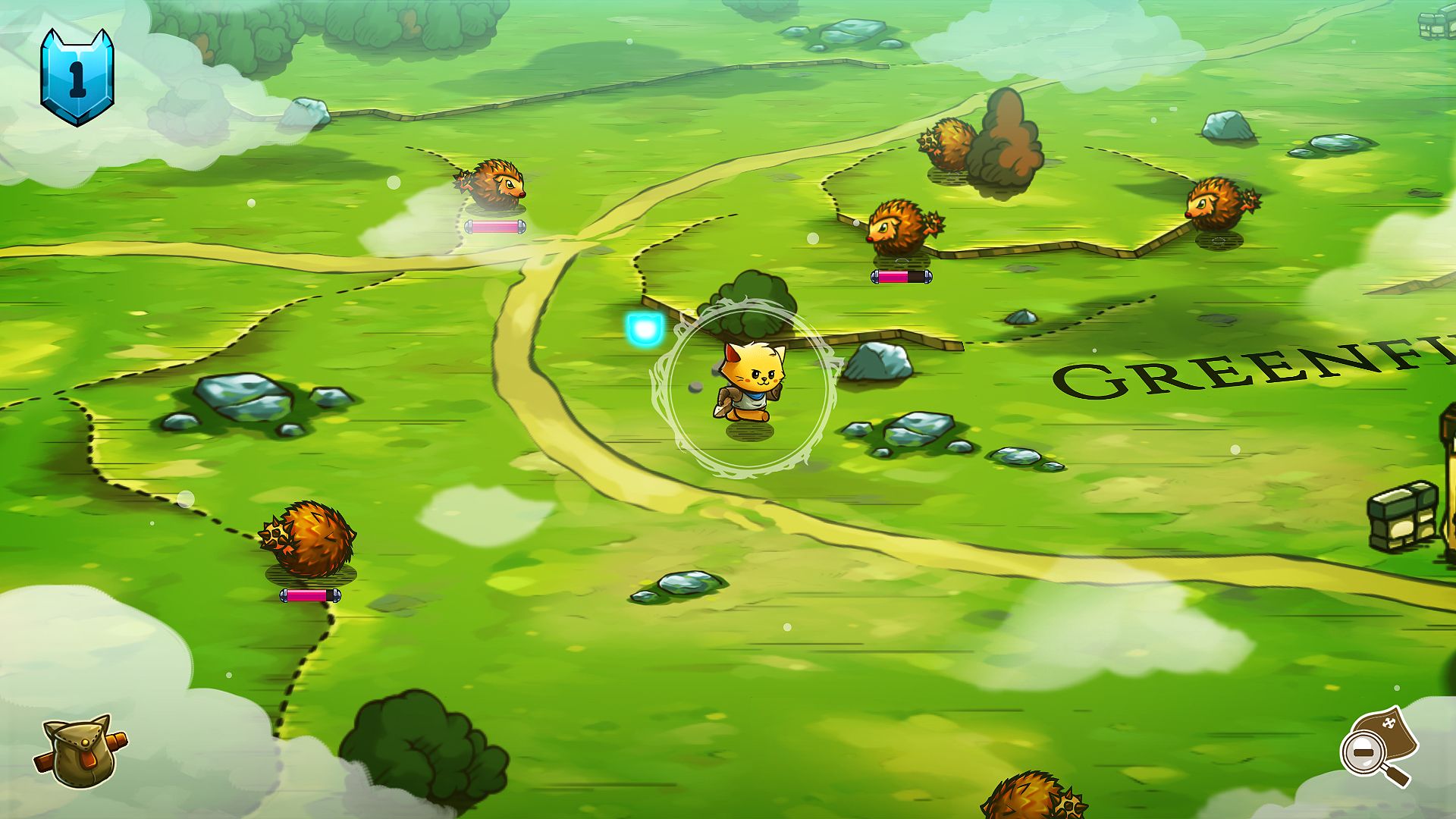 A cat running through a field with monsters in the video game, Cat Quest